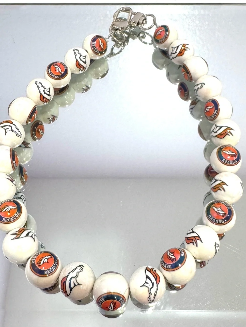 New Denver Broncos White Beaded Bag Chain 18 inches  with Logo Accents